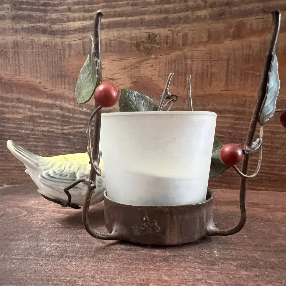 Vintage Metal Branch Votive Candle Holder Ceramic Bird Leaves Red Berries
